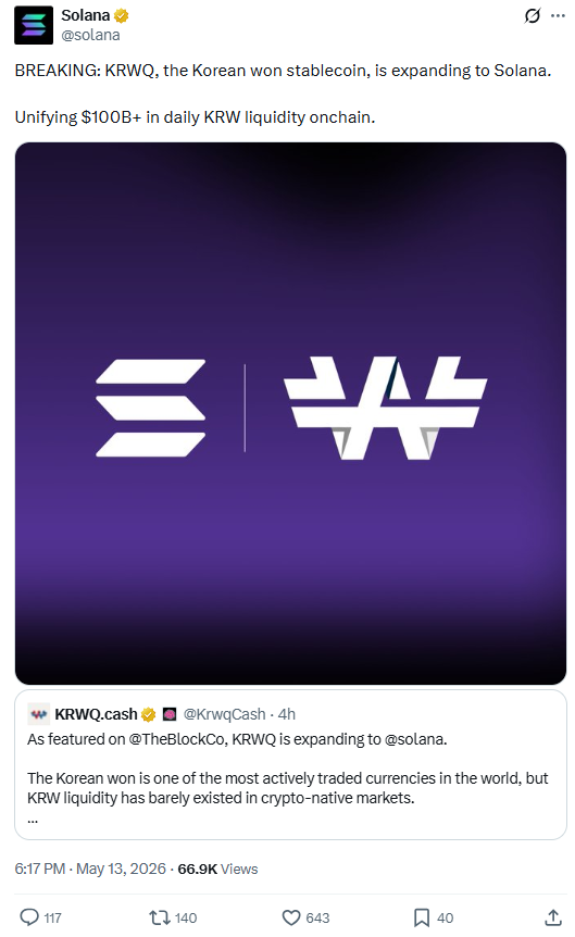 Won-Stablecoin KRWQ tritt Solana bei und expandiert nach EDX weiter